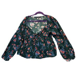 American Eagle Womens Size Large Boho Blue Floral Tie Front Blouse Top‎ Cottage